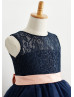 Navy Blue Lace Tulle Keyhole Back Knee Length Flower Girl Dress